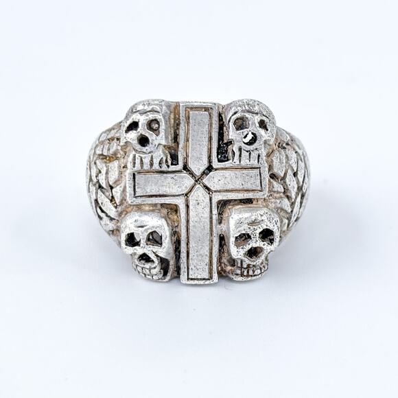 Vintage Shube Sterling Silver 925 Cross Skulls Biker Ring Size 10 - Picture 2 of 10
